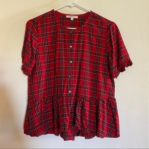 Madewell red plaid ruffle button top